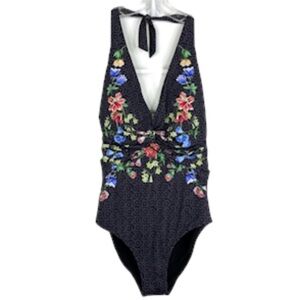 JOHNNY WAS Colorful Floral One Piece Halter Swimsuit Dark Gray Black NEW Size L